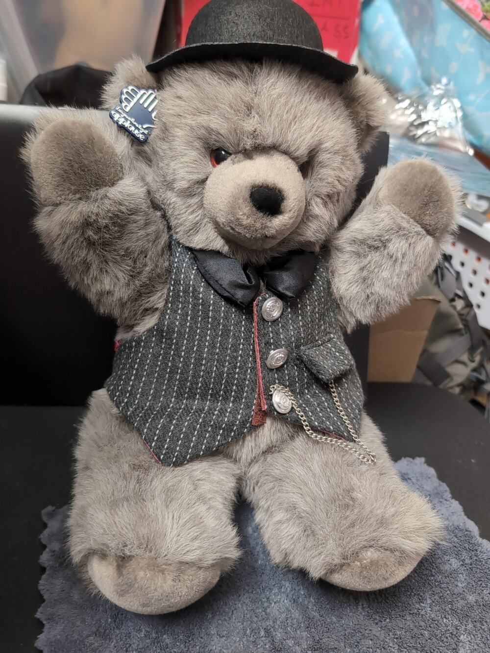 1987 Applause Retired Grey Bear Plush Stuffed Animal 14" Bowler Hat Tie Vest